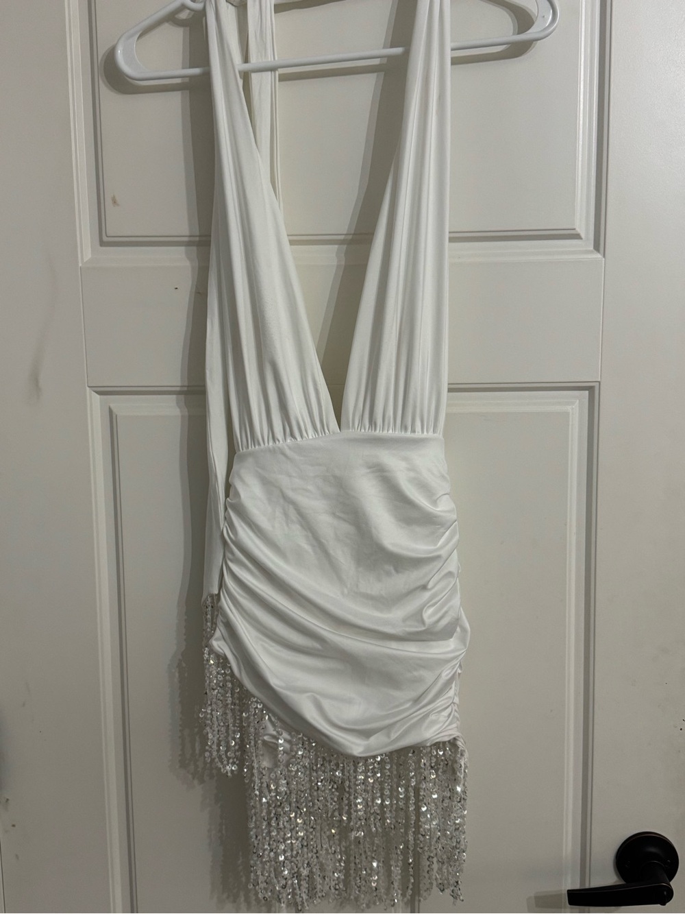 Oh Polly White Plunge Halter Fringe Mini Dress - Picture 3 of 3